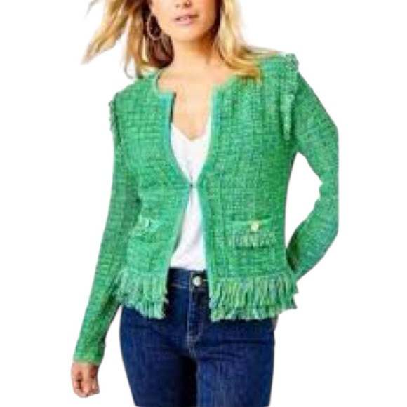 Lilly Pulitzer Simora Fringe Cardigan Evergreen Exotic Tweed Size XS NWT - Picture 2 of 9